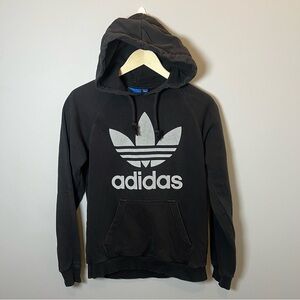 Adidas Tre-Foil Hoodie Men’s S Black Gray Sweatshirt Spell Out Big Logo Pullover